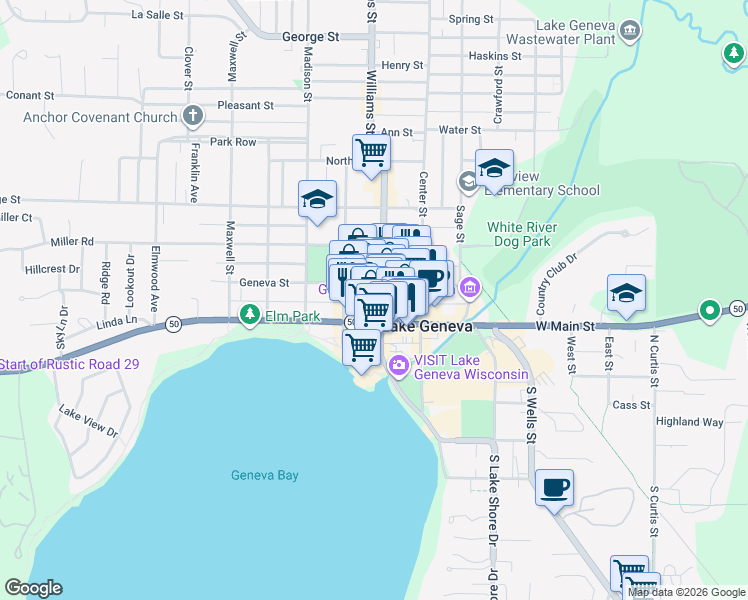 map of restaurants, bars, coffee shops, grocery stores, and more near 244 Broad Street in Lake Geneva