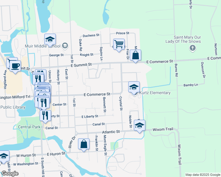 map of restaurants, bars, coffee shops, grocery stores, and more near 525 Elizabeth Street in Milford Charter Township