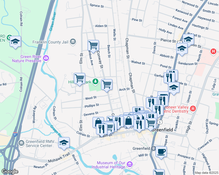 map of restaurants, bars, coffee shops, grocery stores, and more near 135 Conway Street in Greenfield