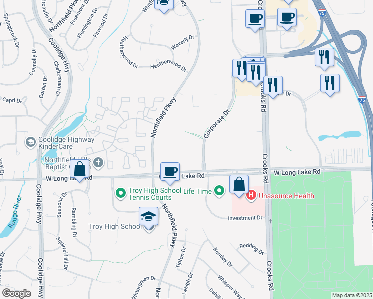 map of restaurants, bars, coffee shops, grocery stores, and more near in Troy