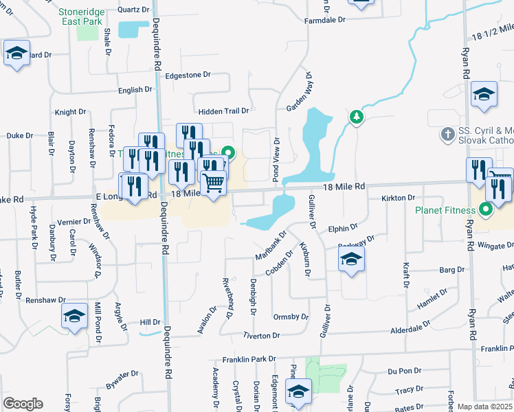 map of restaurants, bars, coffee shops, grocery stores, and more near 2396 Westmont Circle in Sterling Heights