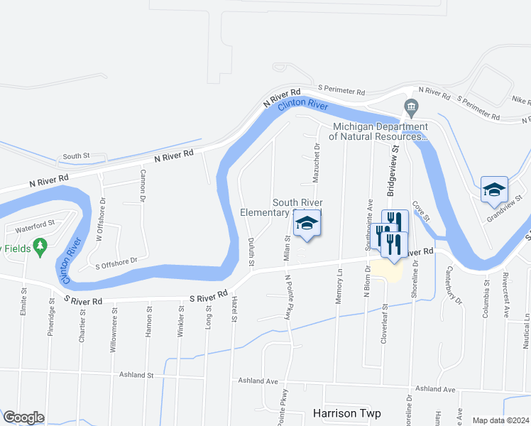 map of restaurants, bars, coffee shops, grocery stores, and more near 39751 Sylvia Street in Harrison Township
