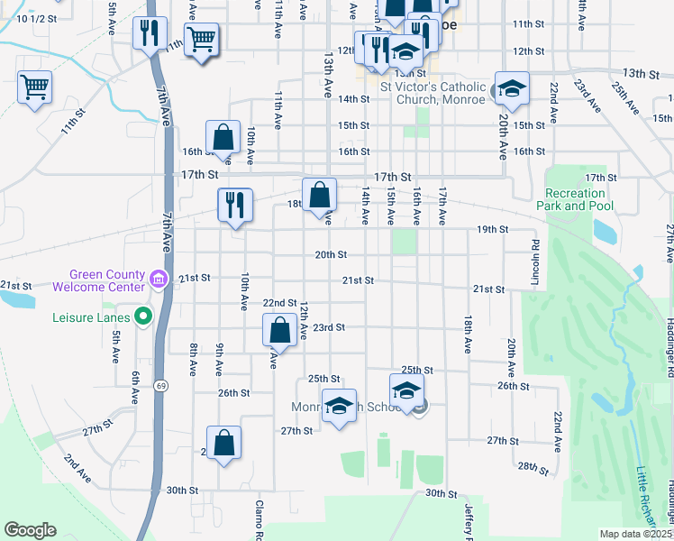map of restaurants, bars, coffee shops, grocery stores, and more near 2018 13th Avenue in Monroe