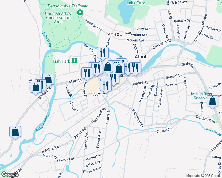 map of restaurants, bars, coffee shops, grocery stores, and more near 16 Exchange Street in Athol