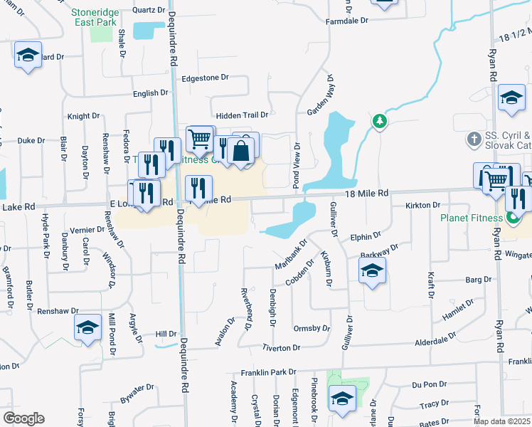 map of restaurants, bars, coffee shops, grocery stores, and more near 2396 Westmont Circle in Sterling Heights