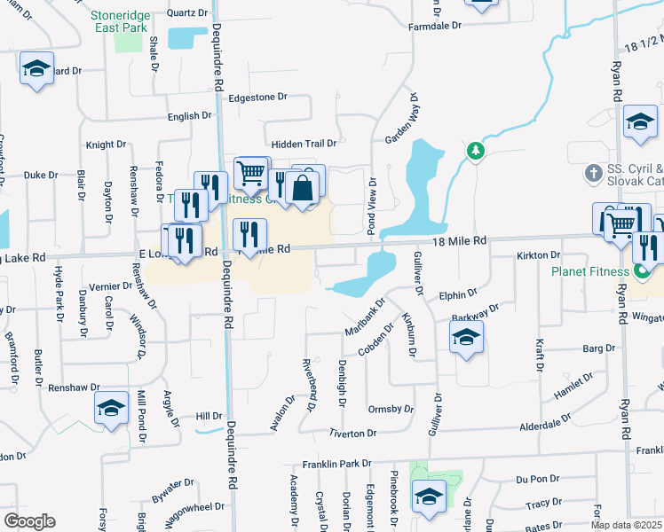 map of restaurants, bars, coffee shops, grocery stores, and more near 2396 Westmont Circle in Sterling Heights