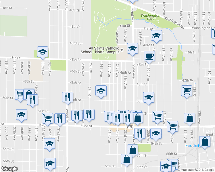 map of restaurants, bars, coffee shops, grocery stores, and more near 4809 26th Avenue in Kenosha