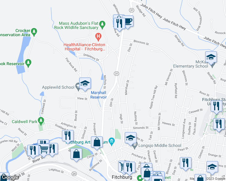 map of restaurants, bars, coffee shops, grocery stores, and more near 217 Mechanic Street in Fitchburg