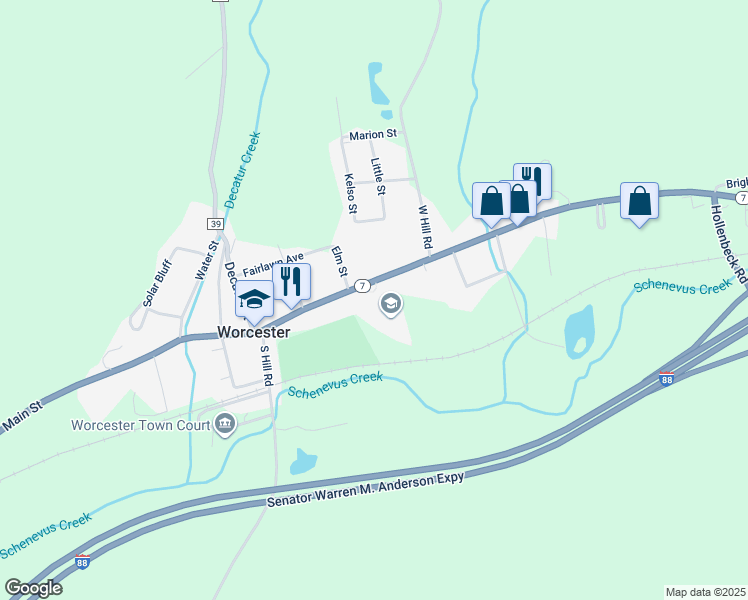map of restaurants, bars, coffee shops, grocery stores, and more near 198 Main Street in Worcester