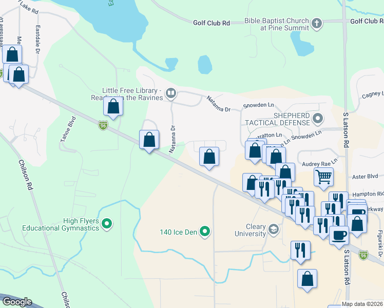 map of restaurants, bars, coffee shops, grocery stores, and more near 524 Snowfall Court in Howell