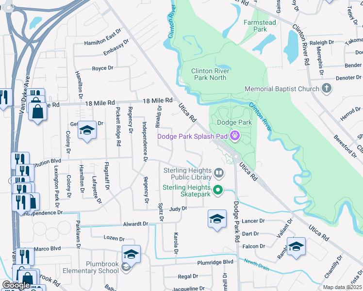 map of restaurants, bars, coffee shops, grocery stores, and more near 40579 Irval Drive in Sterling Heights
