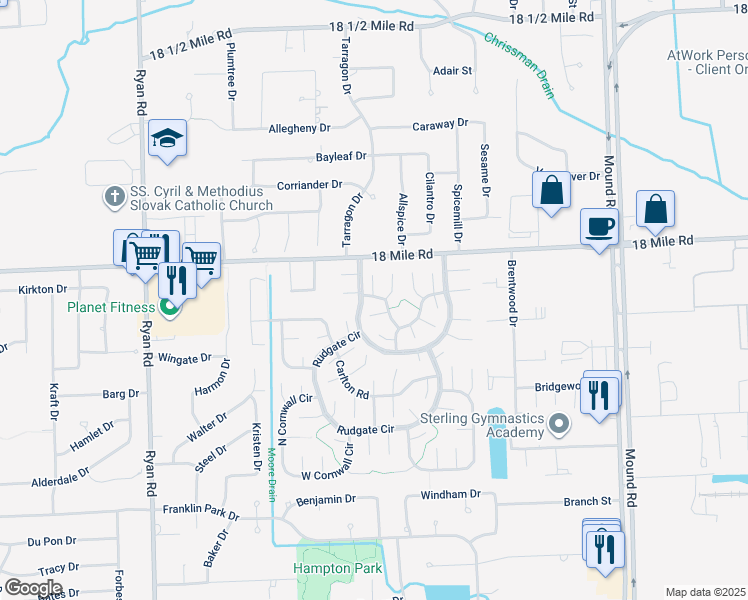 map of restaurants, bars, coffee shops, grocery stores, and more near 4826 Dunhill Road in Sterling Heights