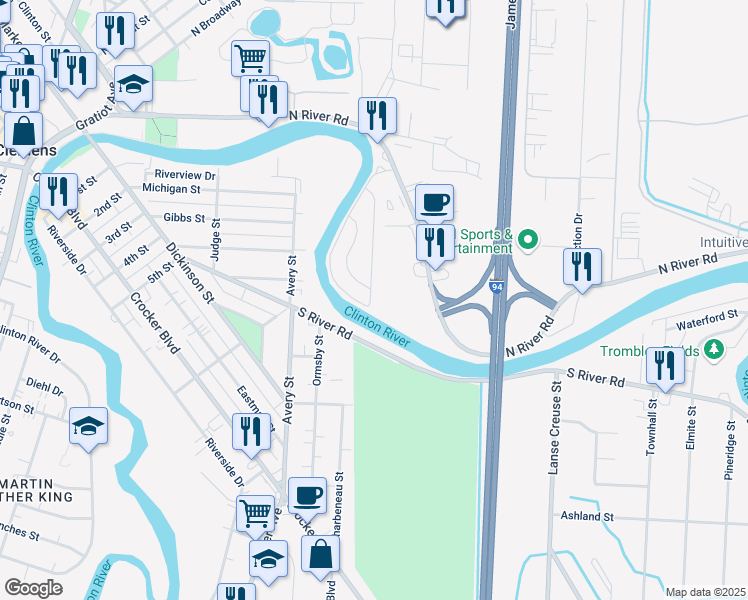 map of restaurants, bars, coffee shops, grocery stores, and more near 4100 Riverview Circle in Mount Clemens