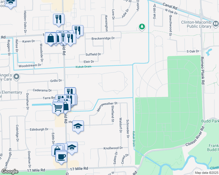 map of restaurants, bars, coffee shops, grocery stores, and more near 17263 Kingsbrooke Circle in Clinton Township