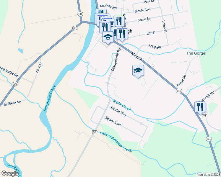 map of restaurants, bars, coffee shops, grocery stores, and more near 1518 Clauverwie Road in Middleburgh