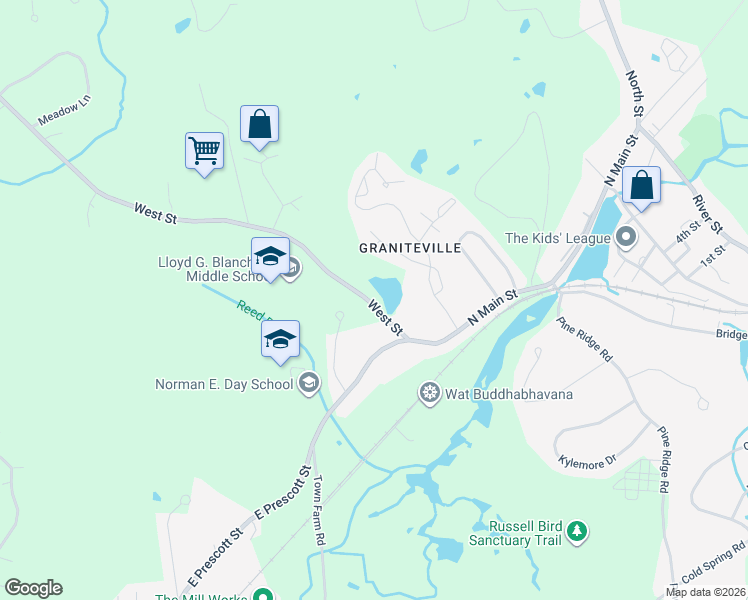 map of restaurants, bars, coffee shops, grocery stores, and more near 5 West Street in Westford