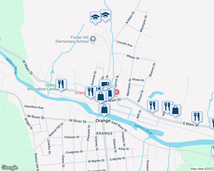 map of restaurants, bars, coffee shops, grocery stores, and more near 54 N Main St in Orange