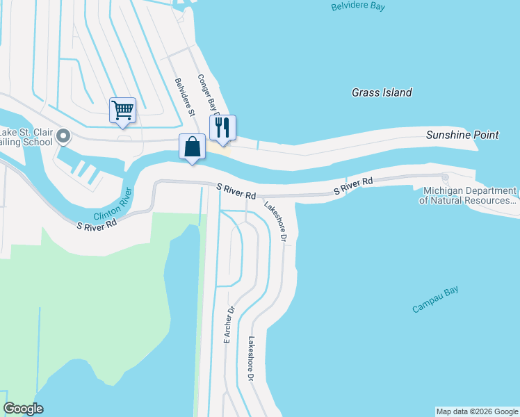 map of restaurants, bars, coffee shops, grocery stores, and more near 39631 Lakeshore Drive in Harrison Township