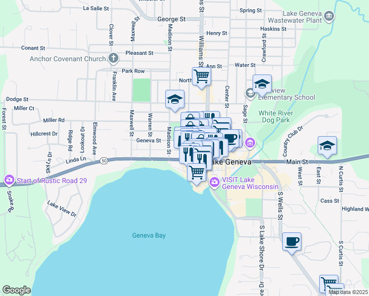 map of restaurants, bars, coffee shops, grocery stores, and more near 224 Cook St in Lake Geneva