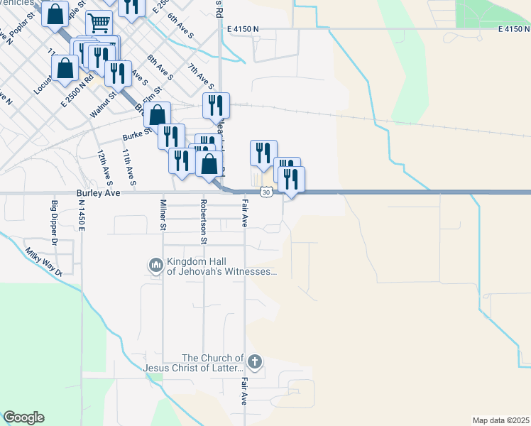 map of restaurants, bars, coffee shops, grocery stores, and more near 705 U.S. 30 in Buhl