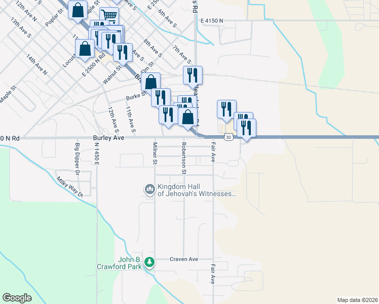 map of restaurants, bars, coffee shops, grocery stores, and more near 832 Sprague Avenue in Buhl