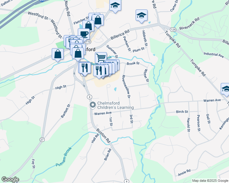 map of restaurants, bars, coffee shops, grocery stores, and more near 41 1st Street in Chelmsford
