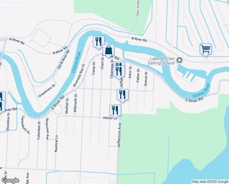 map of restaurants, bars, coffee shops, grocery stores, and more near 39590 Clearview St in Harrison Township