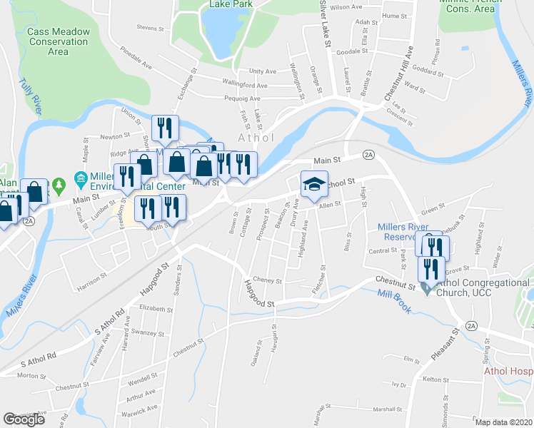 map of restaurants, bars, coffee shops, grocery stores, and more near 36 Prospect Street in Athol