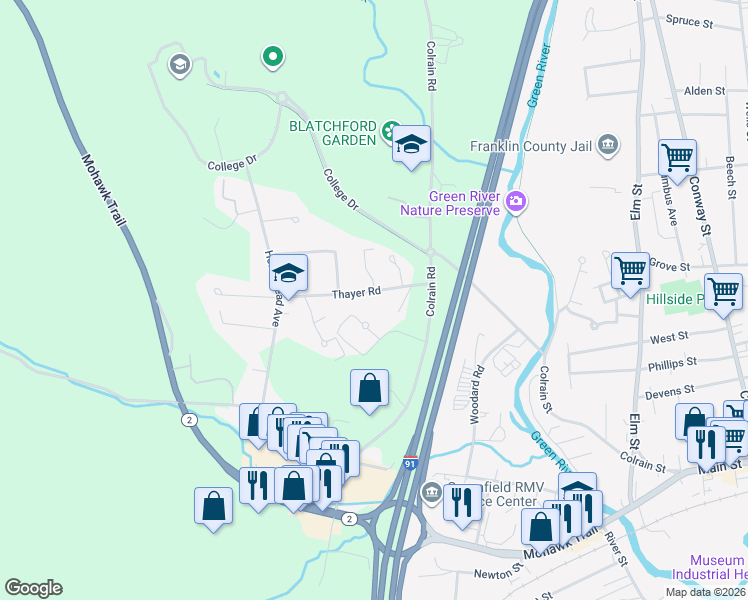 map of restaurants, bars, coffee shops, grocery stores, and more near 51 Thayer Road in Greenfield
