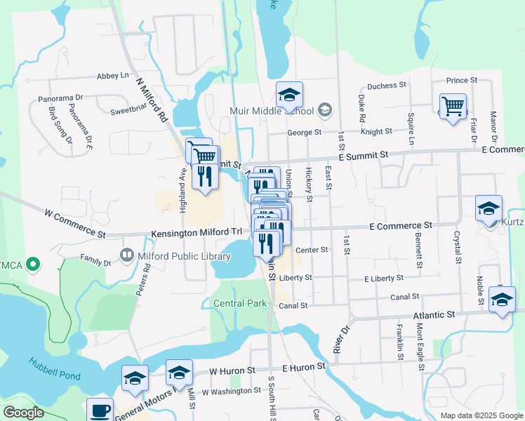 map of restaurants, bars, coffee shops, grocery stores, and more near 525 North Main Street in Milford Charter Township