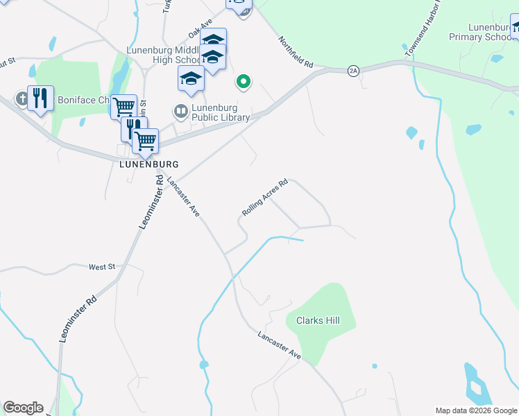 map of restaurants, bars, coffee shops, grocery stores, and more near 66 Rolling Acres Road in Lunenburg