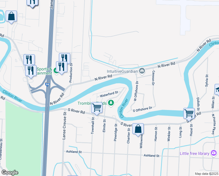 map of restaurants, bars, coffee shops, grocery stores, and more near 25935 Clinton Shore Dr in Harrison Township