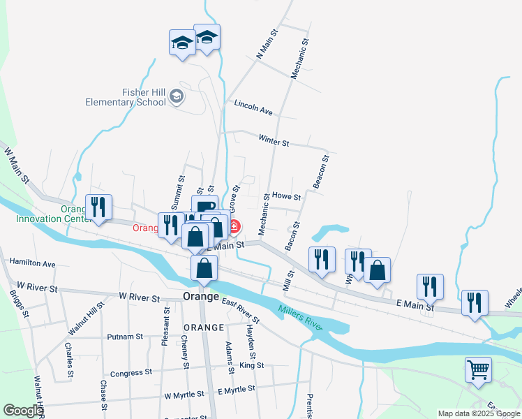 map of restaurants, bars, coffee shops, grocery stores, and more near 43 Mechanic Street in Orange