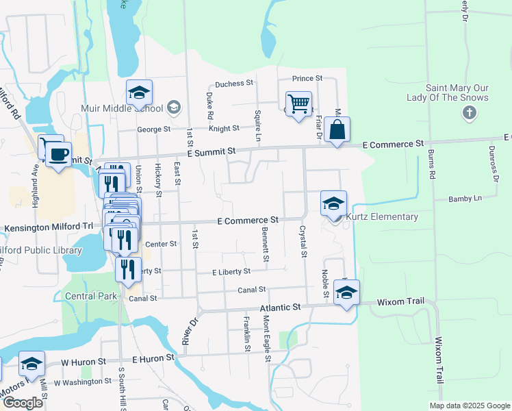 map of restaurants, bars, coffee shops, grocery stores, and more near 819 East Commerce Street in Milford Charter Township