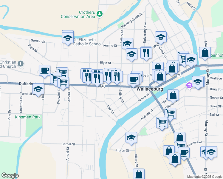map of restaurants, bars, coffee shops, grocery stores, and more near 1041 Dufferin Avenue in Wallaceburg