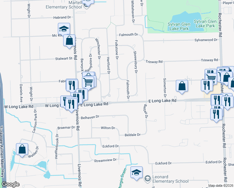 map of restaurants, bars, coffee shops, grocery stores, and more near 5051 Westminister Avenue in Troy