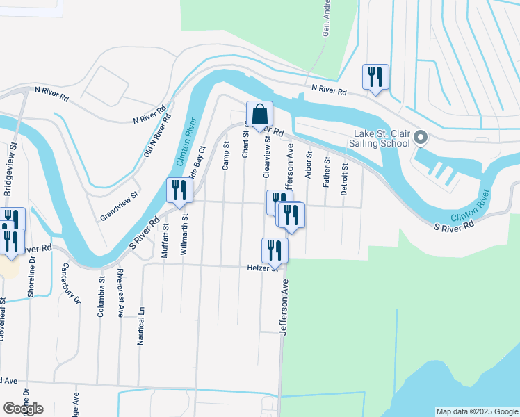 map of restaurants, bars, coffee shops, grocery stores, and more near 39590 Clearview Street in Harrison Township