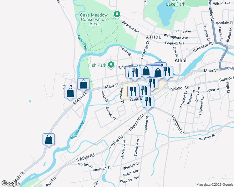 map of restaurants, bars, coffee shops, grocery stores, and more near 115 Freedom Street in Athol
