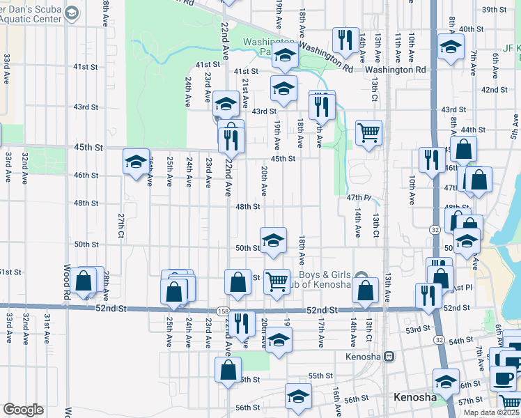 map of restaurants, bars, coffee shops, grocery stores, and more near 4800 20th Avenue in Kenosha