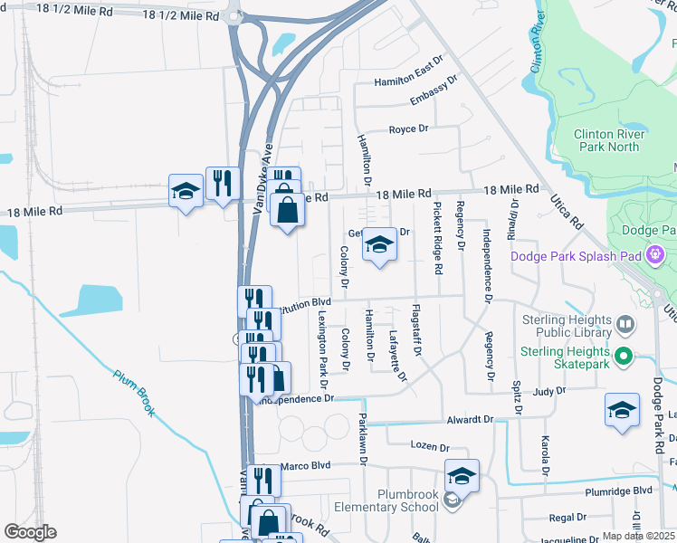 map of restaurants, bars, coffee shops, grocery stores, and more near 40611 Colony Drive in Sterling Heights