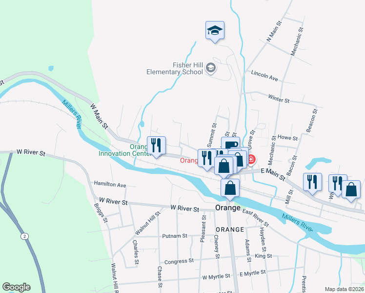 map of restaurants, bars, coffee shops, grocery stores, and more near 91 Prospect St in Orange