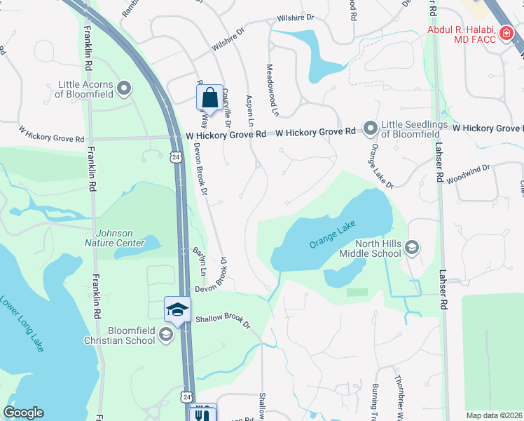 map of restaurants, bars, coffee shops, grocery stores, and more near 3275 Chickering Lane in Bloomfield Township