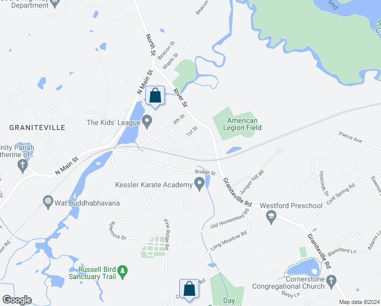 map of restaurants, bars, coffee shops, grocery stores, and more near 12 Broadway Street in Westford