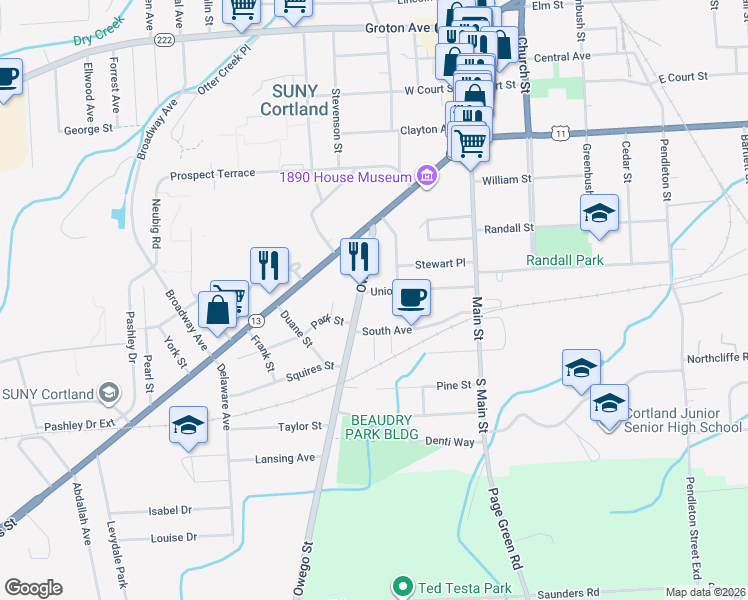 map of restaurants, bars, coffee shops, grocery stores, and more near 36 Owego Street in Cortland