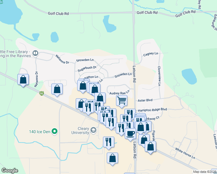 map of restaurants, bars, coffee shops, grocery stores, and more near 3840 Audrey Rae Lane in Howell