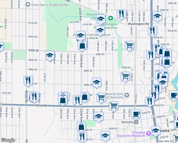 map of restaurants, bars, coffee shops, grocery stores, and more near 4800 20th Avenue in Kenosha