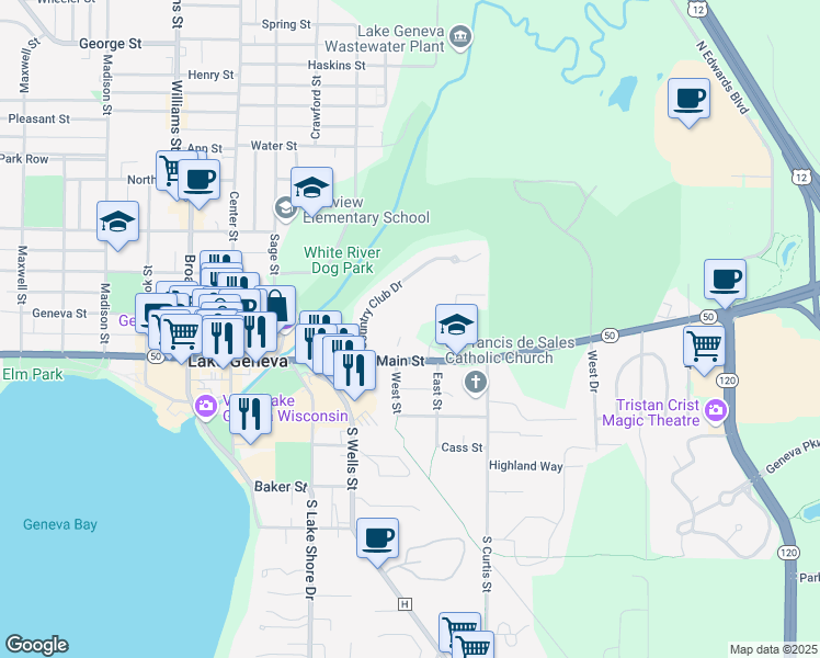 map of restaurants, bars, coffee shops, grocery stores, and more near 250 Havenwood Drive in Lake Geneva
