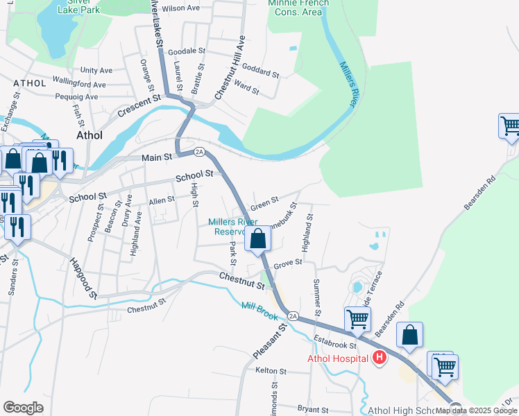 map of restaurants, bars, coffee shops, grocery stores, and more near 51 Green Street in Athol