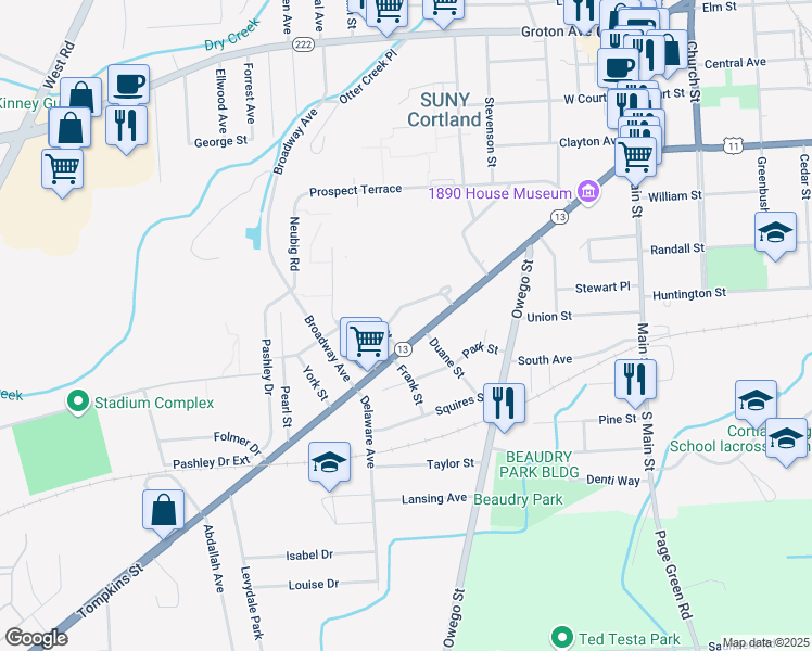 map of restaurants, bars, coffee shops, grocery stores, and more near 9 Sands Street in Cortland
