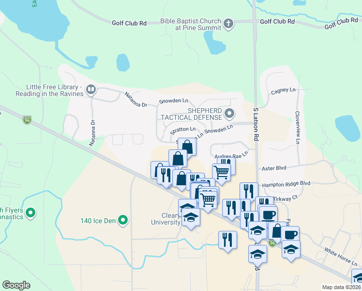map of restaurants, bars, coffee shops, grocery stores, and more near 3620 Snowden Lane in Howell